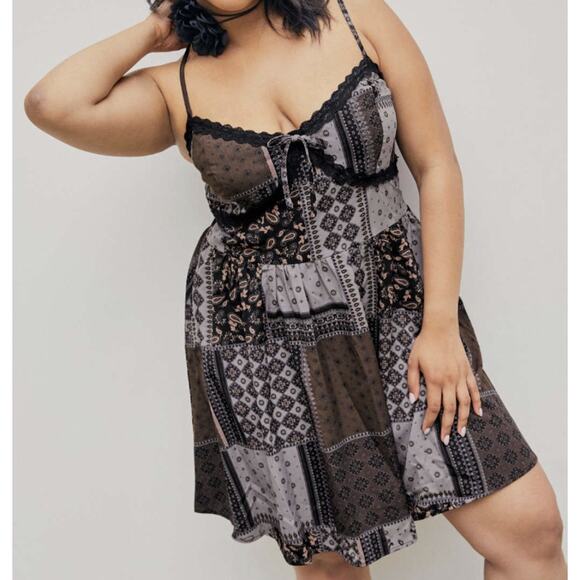 Cider Dresses & Skirts - Cider Womens Paisley Patchwork Lace Trim Slip Dress Black Brown XL Whimsy Goth